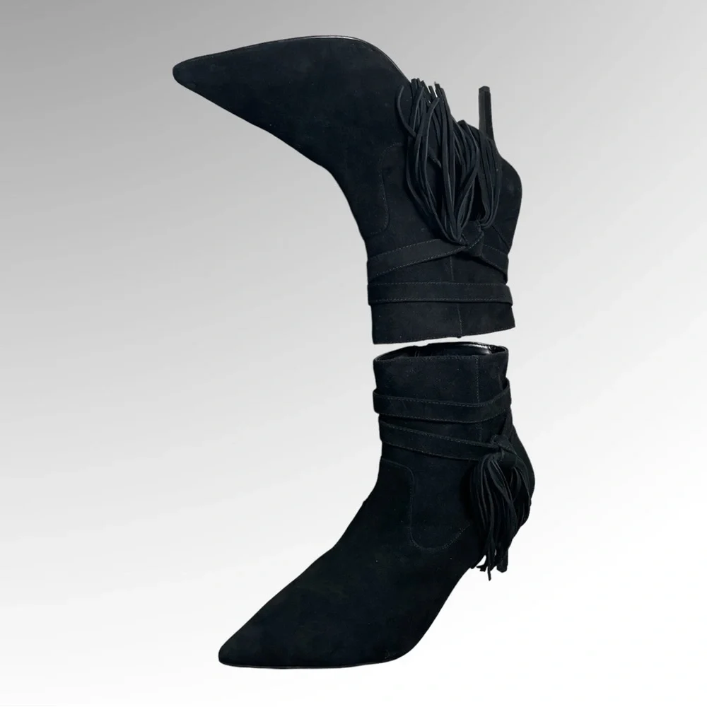 New! CHARLES JOURDAN PARIS Black Suede Fringe Booties Size 9.5